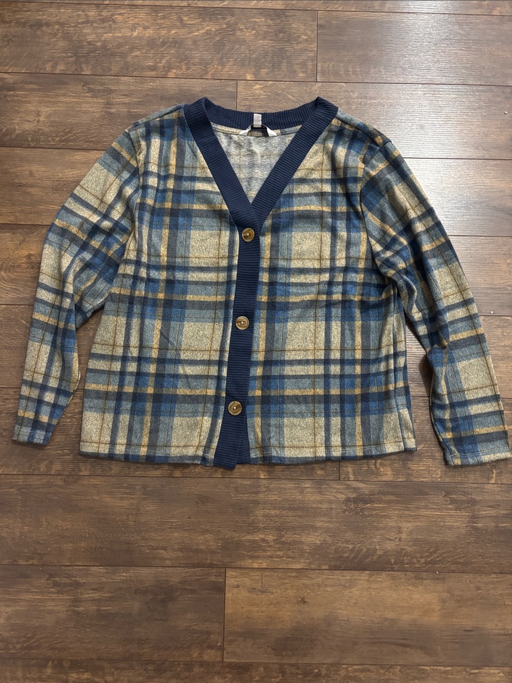 Emily Daniels Plaid Cardigan with Navy Rib Trim